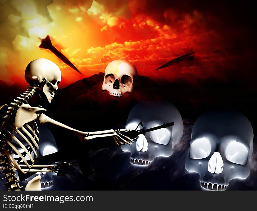 An conceptual image of a skeleton with a gun, it would be good to represent concepts of war. An conceptual image of a skeleton with a gun, it would be good to represent concepts of war.