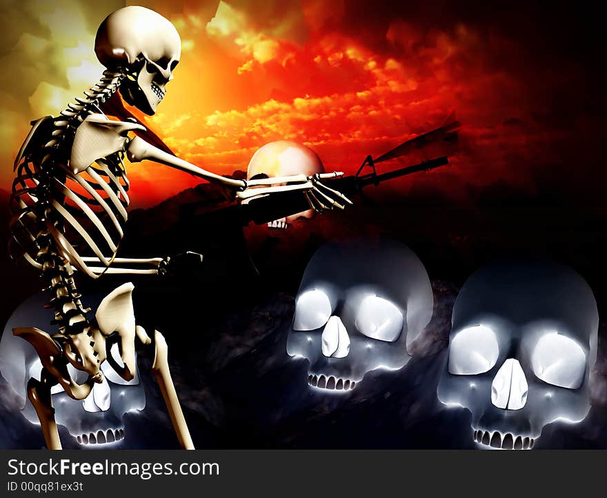 An conceptual image of a skeleton with a gun, it would be good to represent concepts of war. An conceptual image of a skeleton with a gun, it would be good to represent concepts of war.