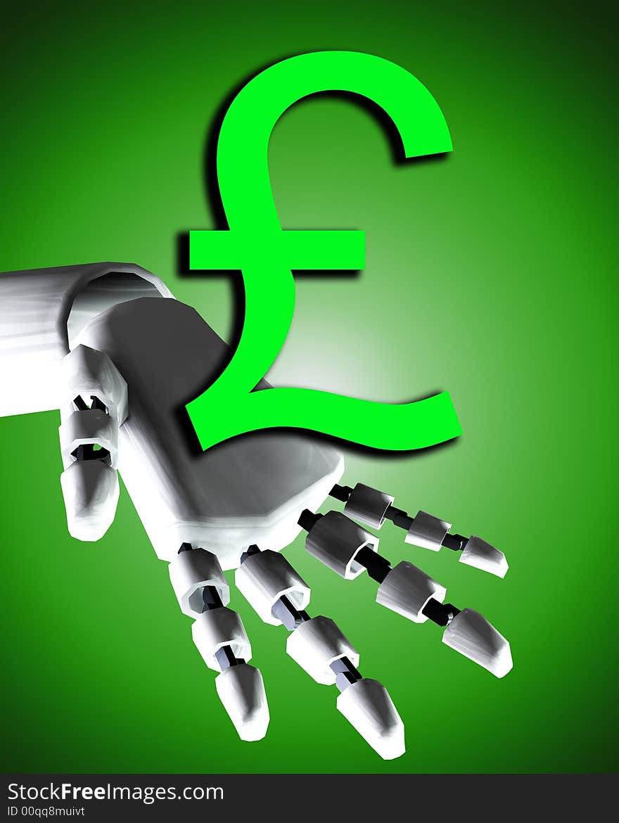 A conceptual image of a robot hand with a pound, it would be a good image for technology and money concepts. A conceptual image of a robot hand with a pound, it would be a good image for technology and money concepts.