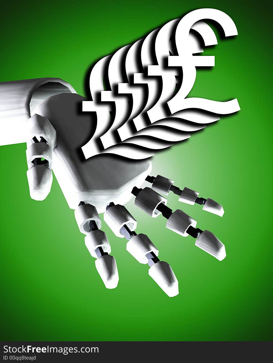 A conceptual image of a robot hand with a pound, it would be a good image for technology and money concepts. A conceptual image of a robot hand with a pound, it would be a good image for technology and money concepts.