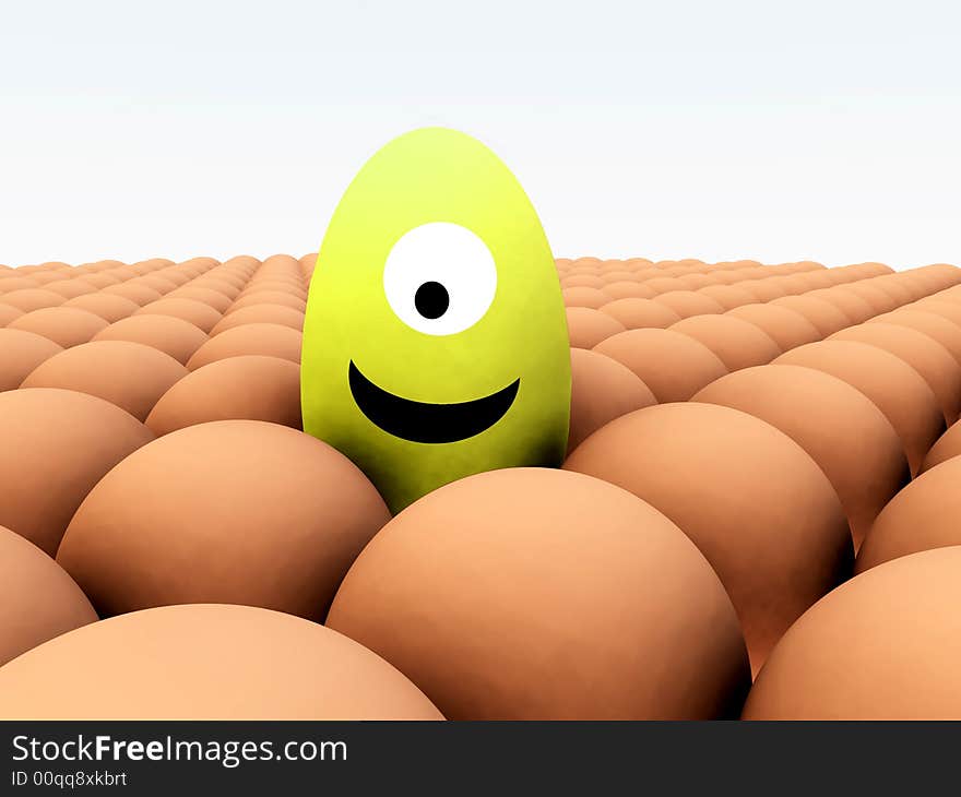 A unique humorous egg creature, that is with a pile of conformist identical eggs. A unique humorous egg creature, that is with a pile of conformist identical eggs.