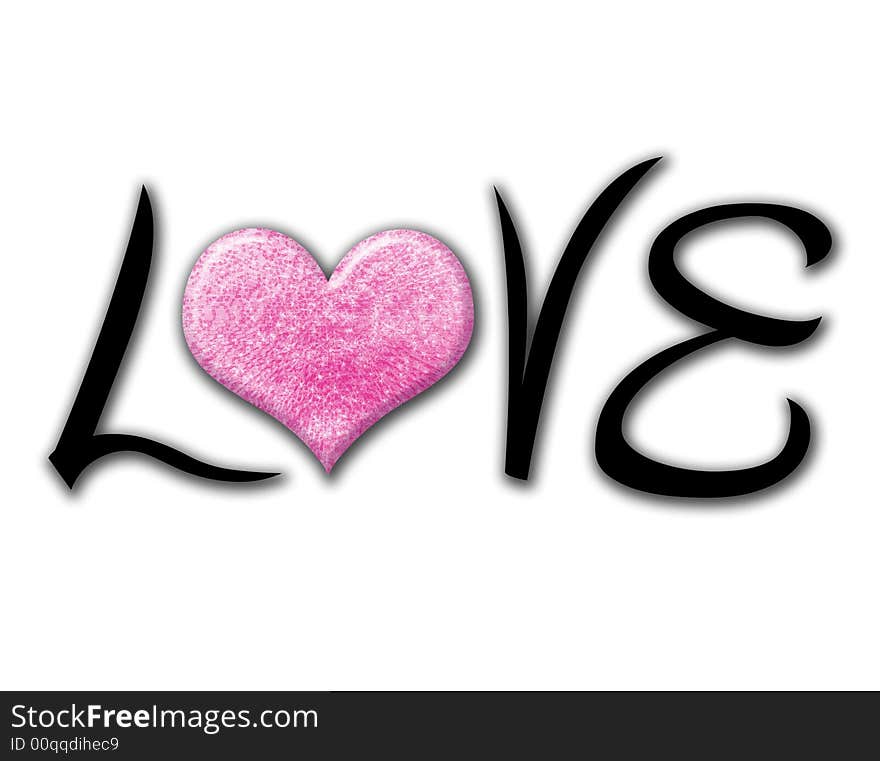 An illustration of the word love using a pink glittery heart for the O.