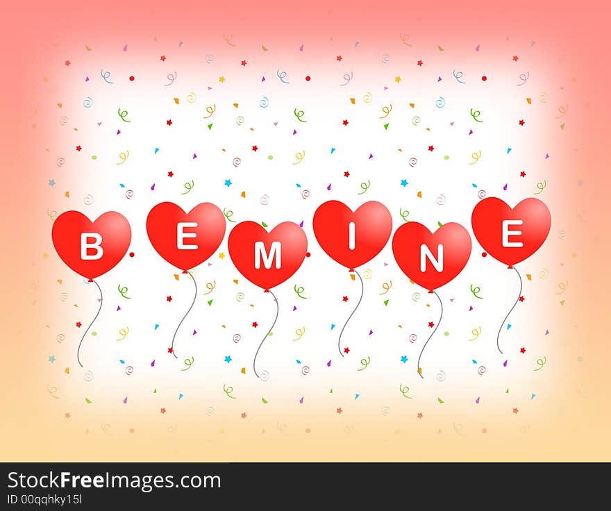 Be mine valentine's day greeting card with red heart balloons and falling confetti. Be mine valentine's day greeting card with red heart balloons and falling confetti.