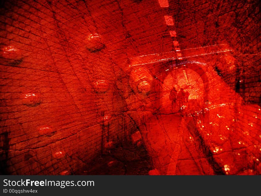 Composite abstract of people in tunnel overlaid with texture pattern