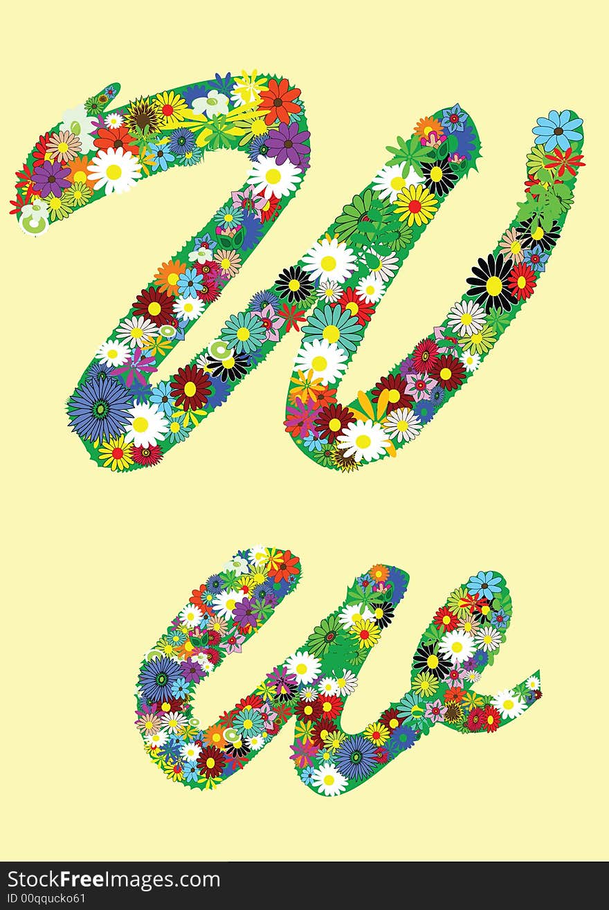 Letter w  with flowers on yellow background