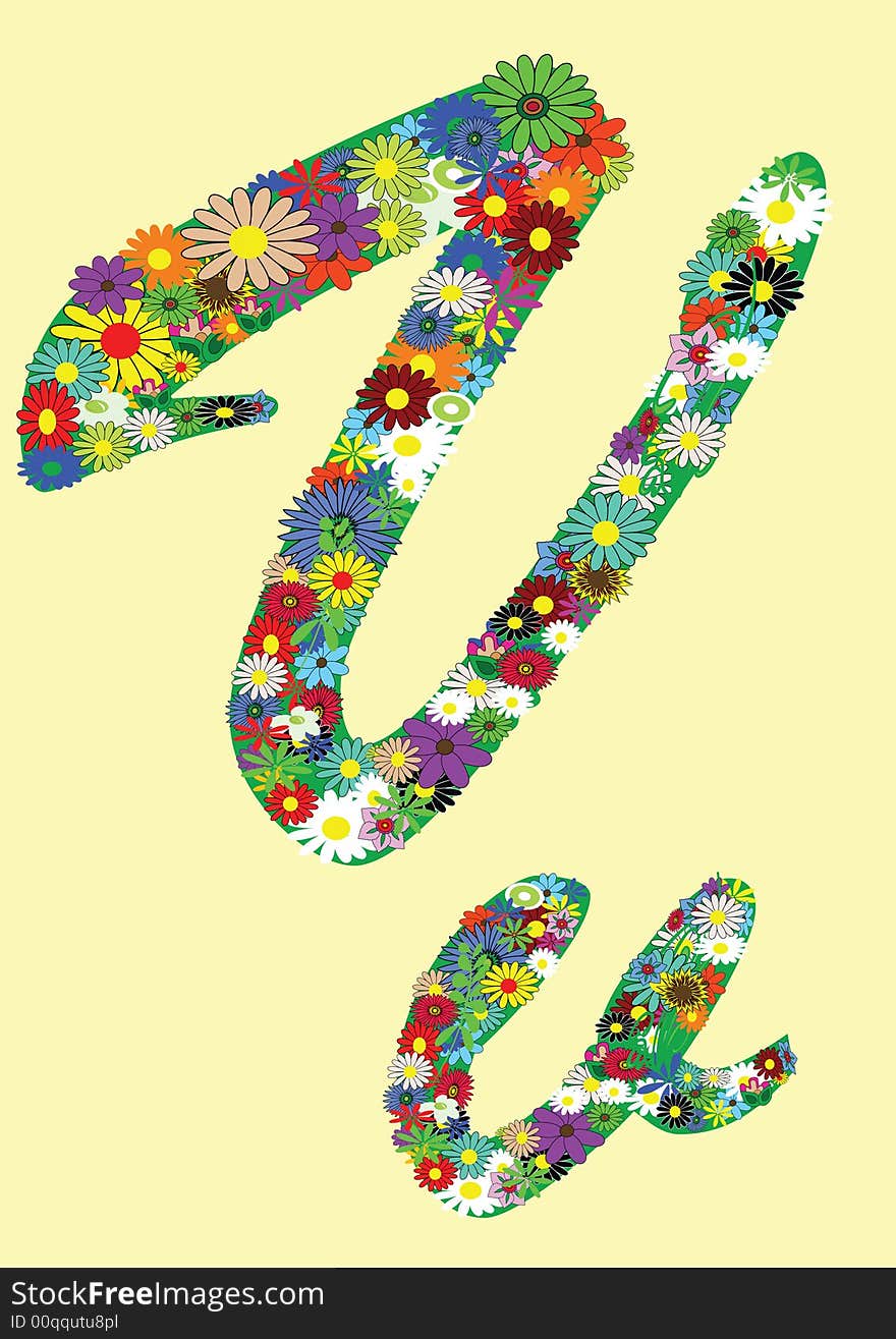 Letter v  with flowers on yellow background