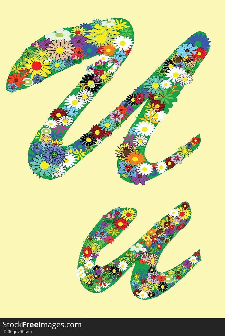 Letter u  with flowers on yellow background