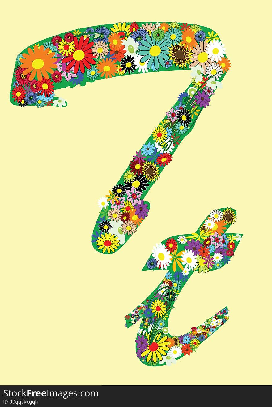 Letter t  with flowers on yellow background