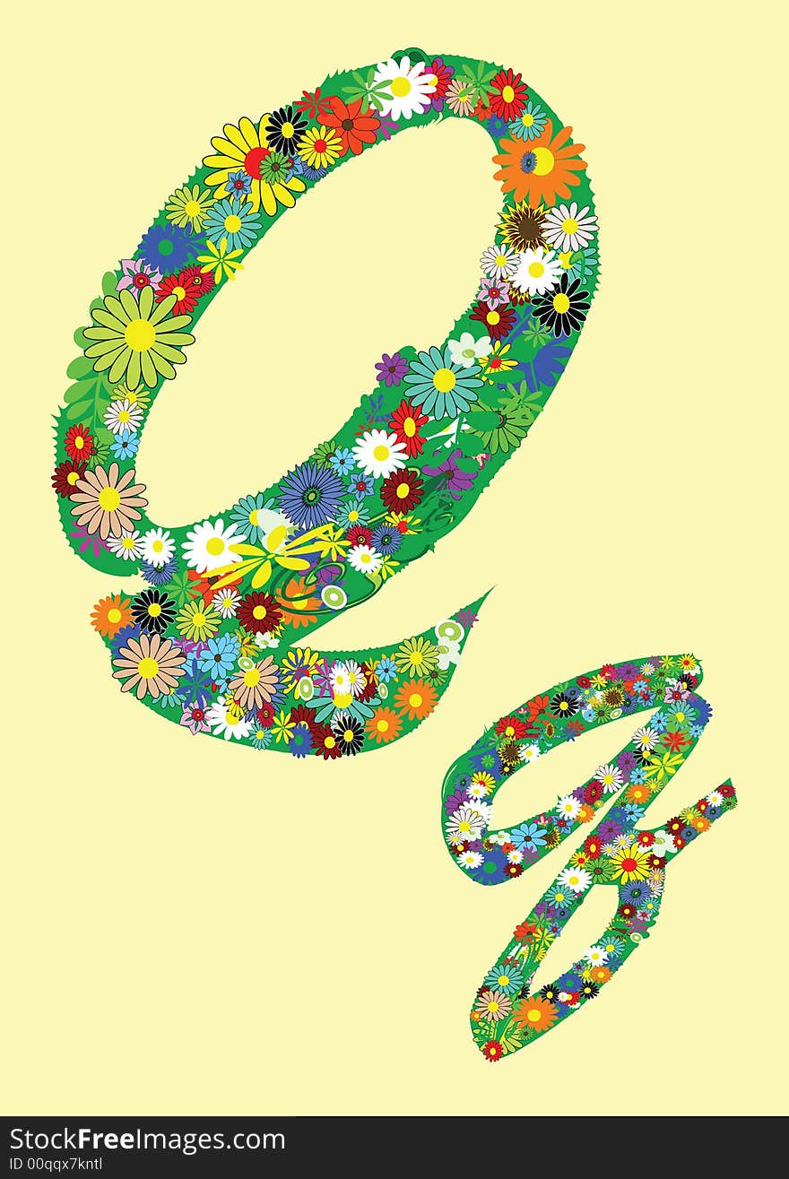 Letter q with flowers on yellow background