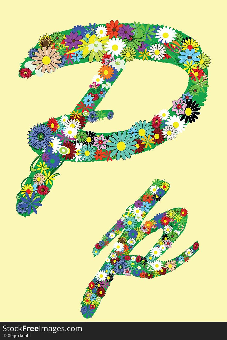 Letter p with flowers on yellow background