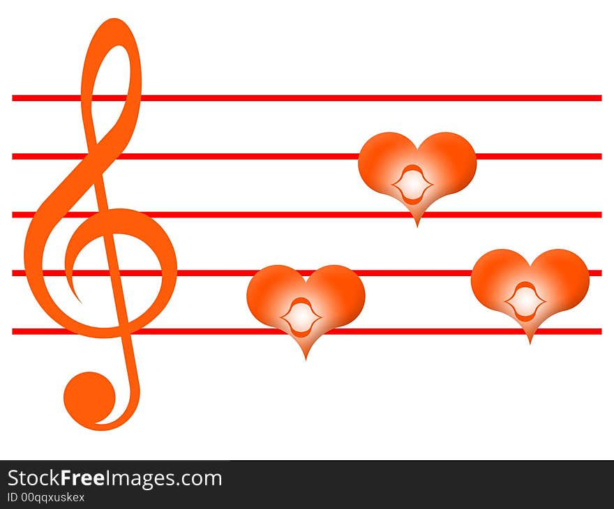 Red musical lines, treble clef and notes in the form of hearts on a white background