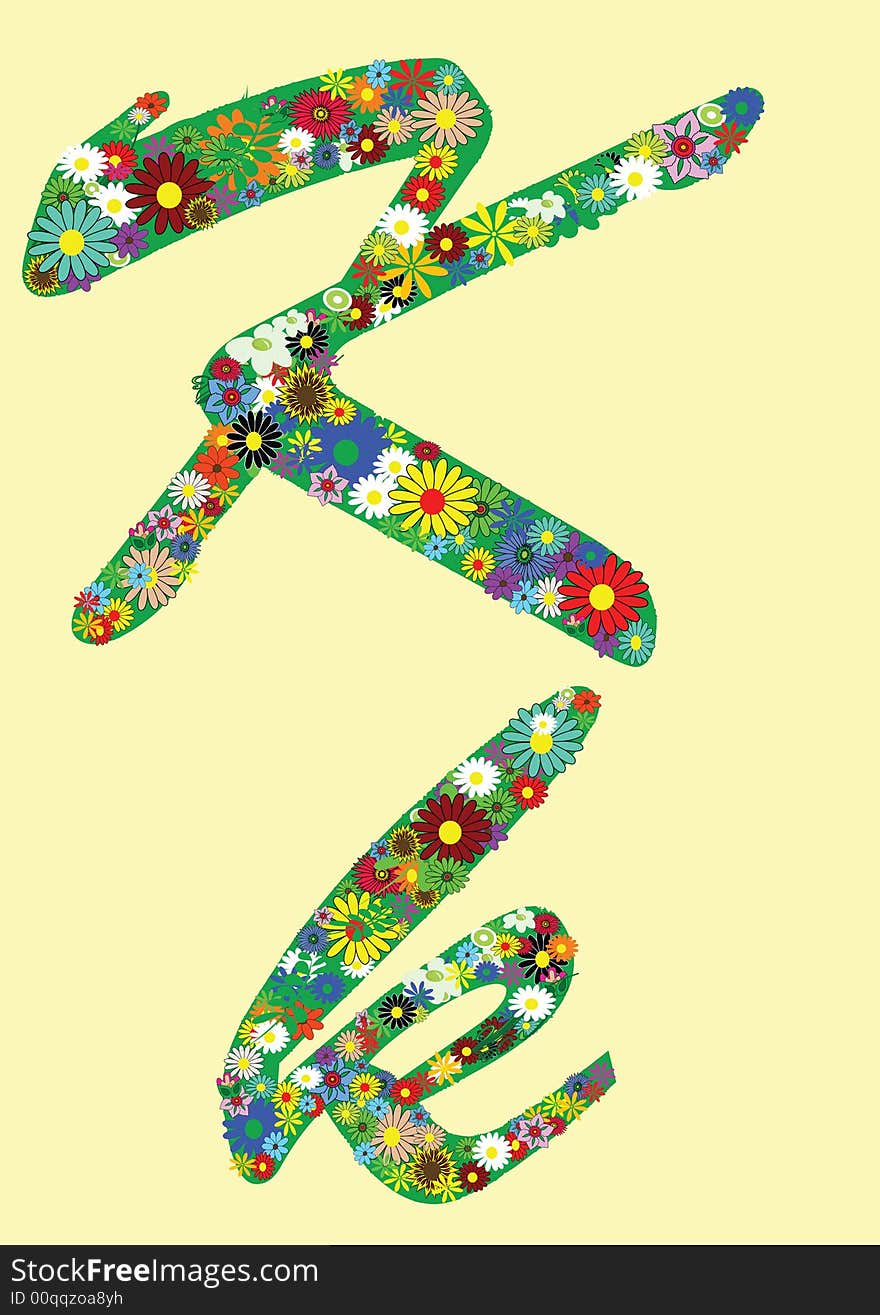 Letter k  with flowers on yellow background