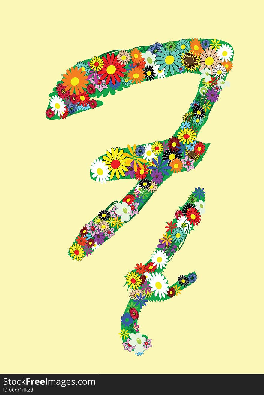 Letter f with flowers on yellow background