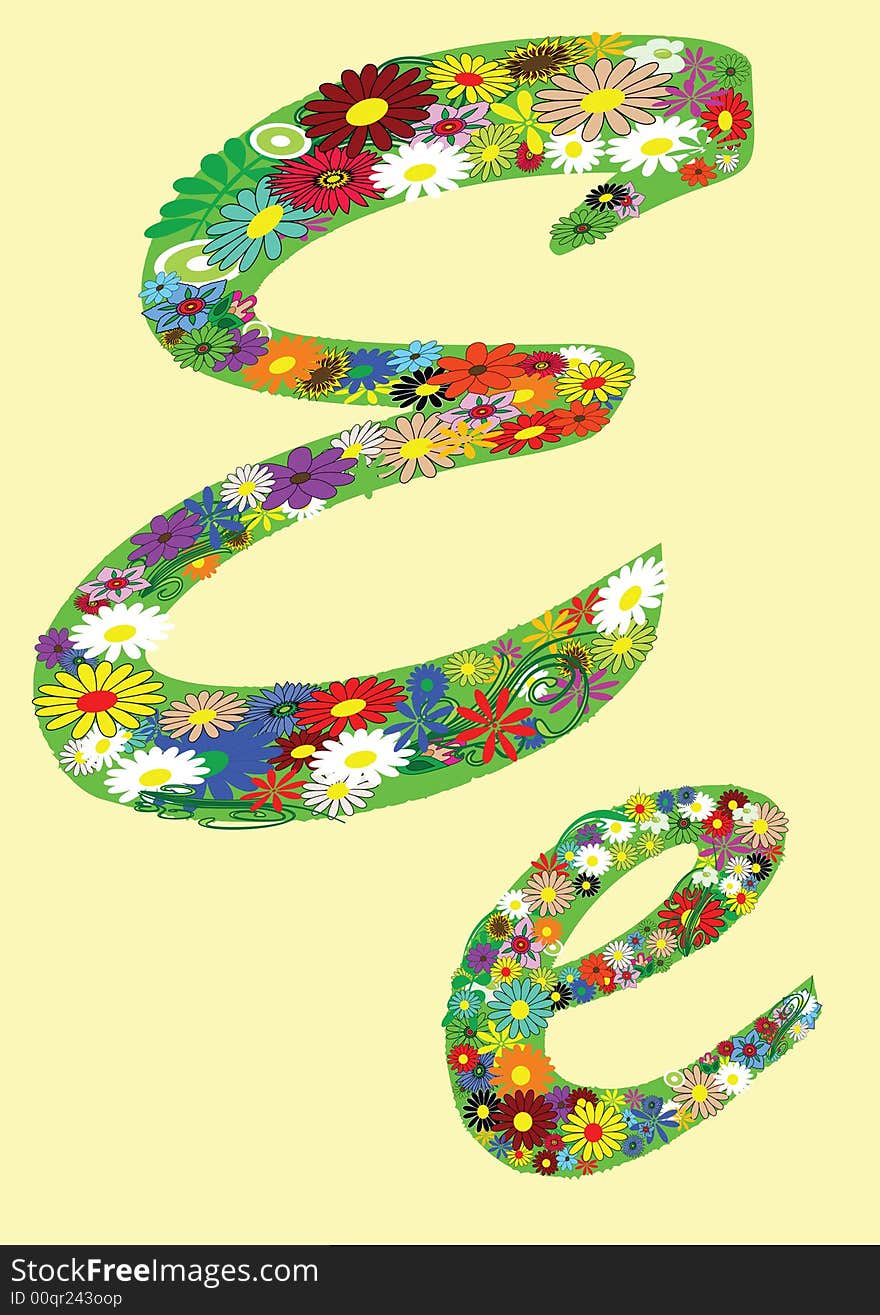 Letter e  with flowers on yellow background