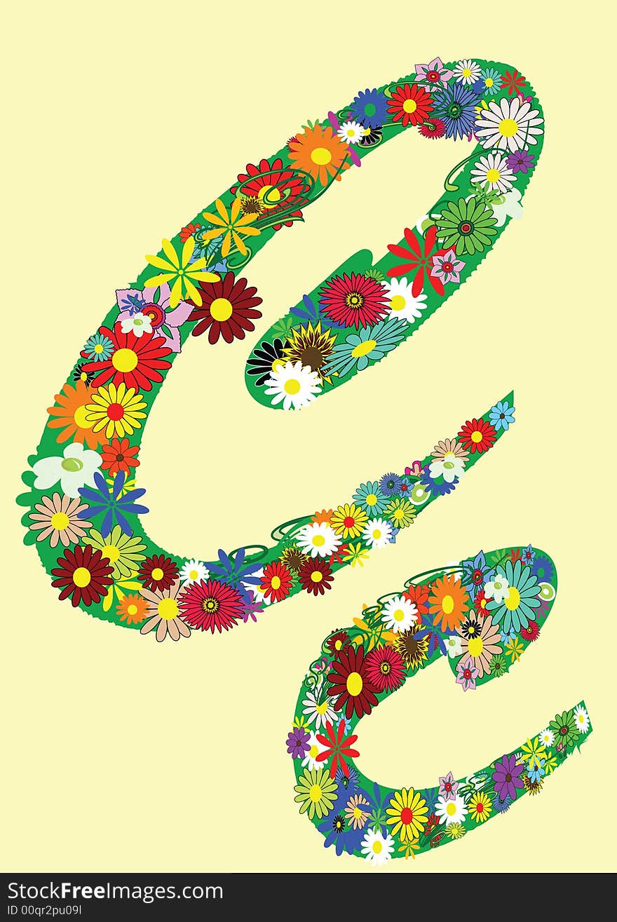 Letter c  with flowers on yellow background