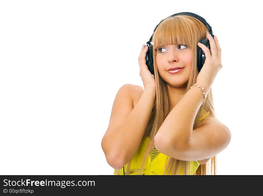 Woman in head phones on white background