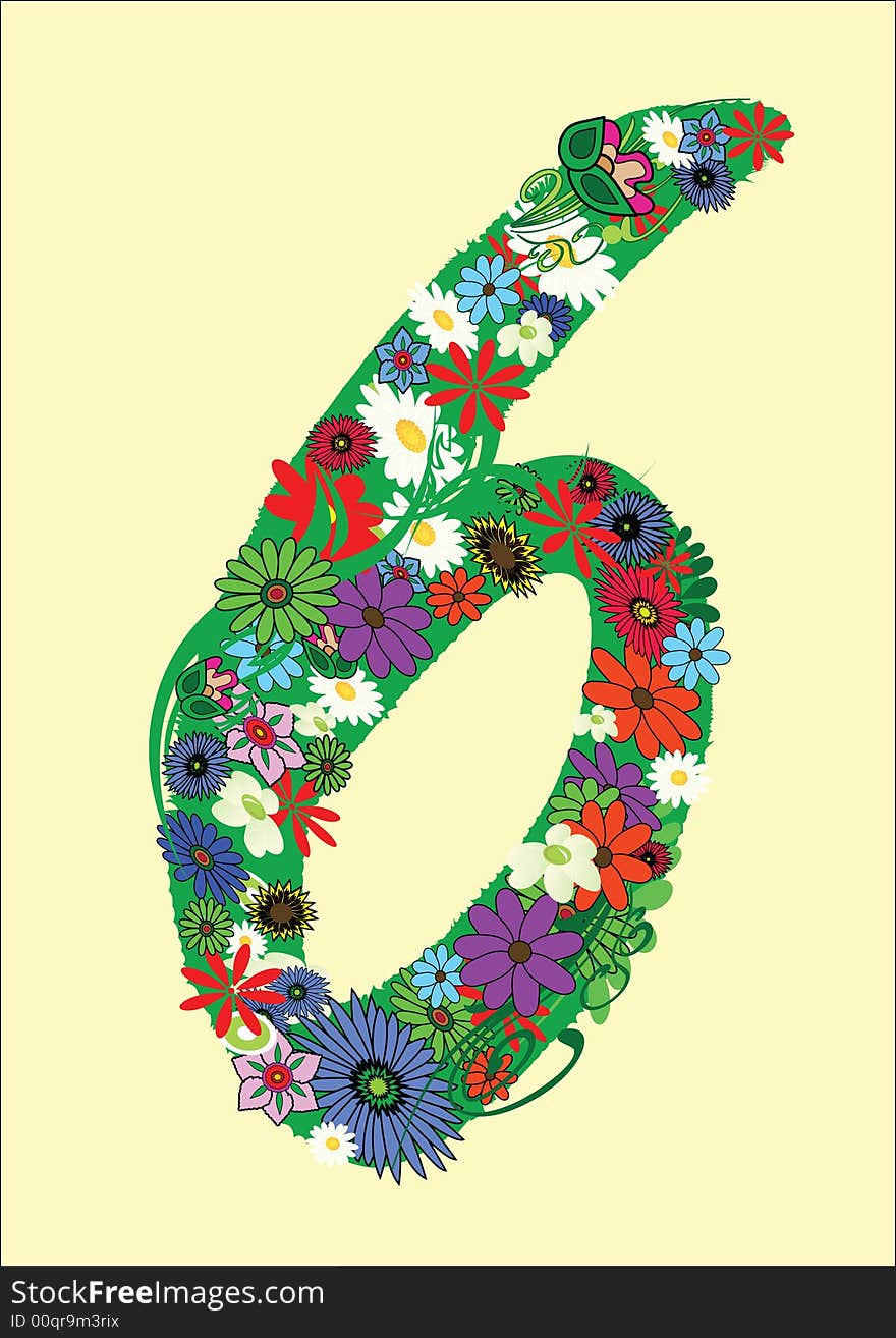 Number six with flowers on yellow background