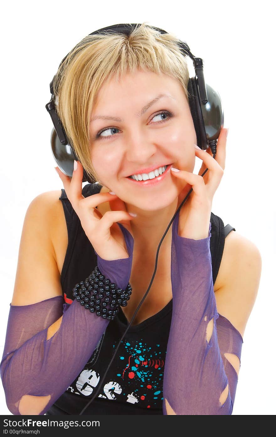 Woman in head phones on white background. Woman in head phones on white background