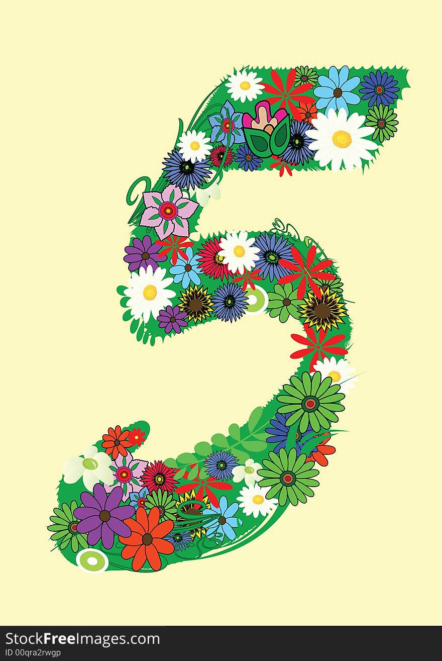 Number five with flowers on yellow background