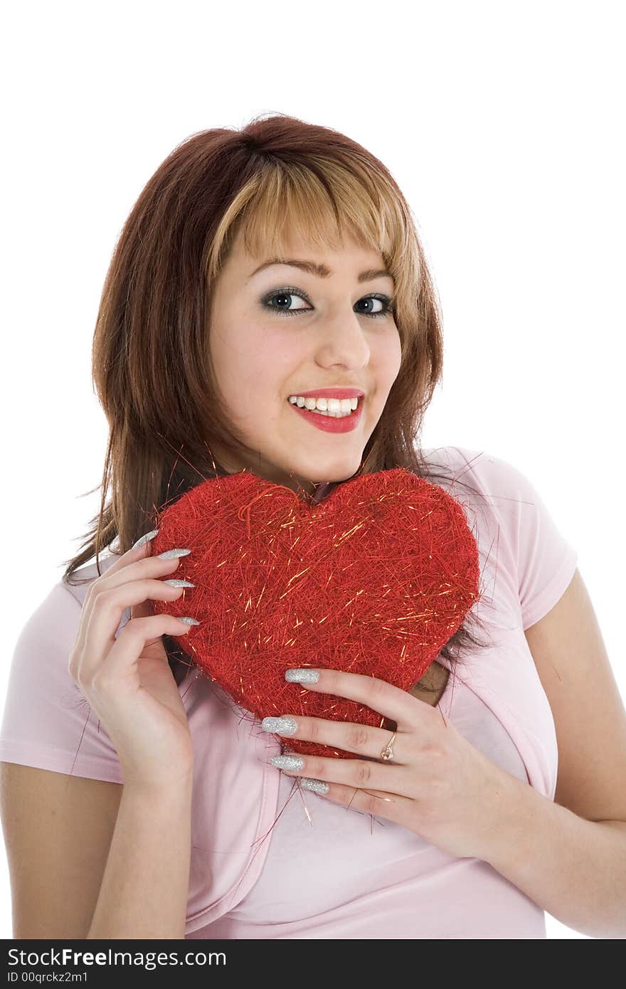 Portrait redheaded with spotted dress on white background