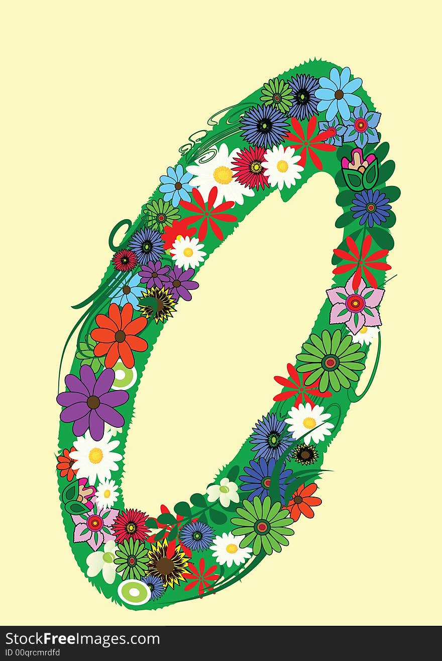 Number zero with flowers on yellow background