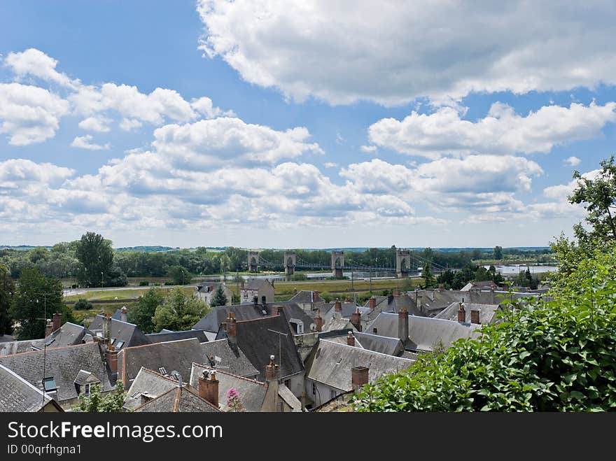 Langeais, Loire Valley, France. Loire river with a bridge on the background.