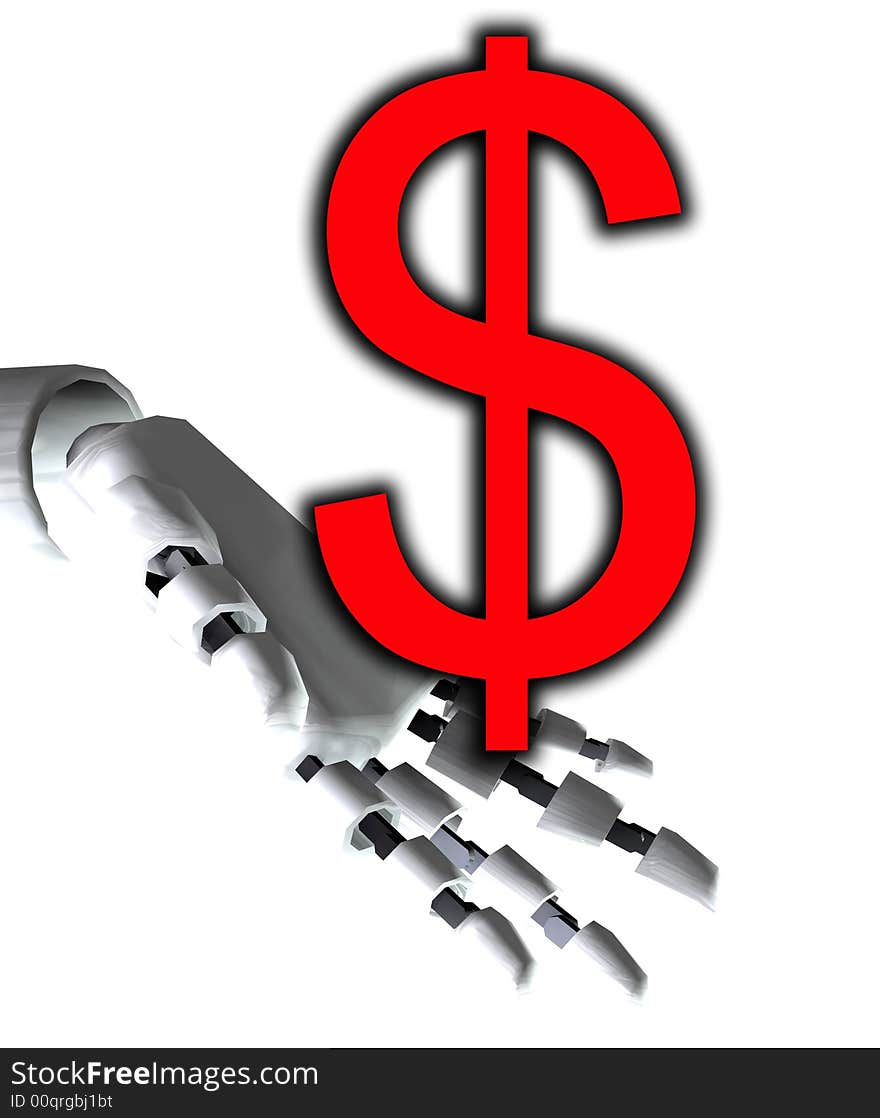 A conceptual image of a robot hand with a dollar, it would be a good image for technology and money concepts. A conceptual image of a robot hand with a dollar, it would be a good image for technology and money concepts.