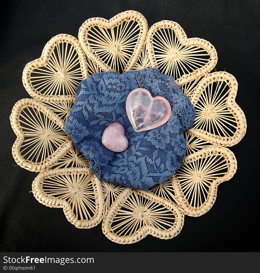 Crystal Hearts sitting on Blue Lace