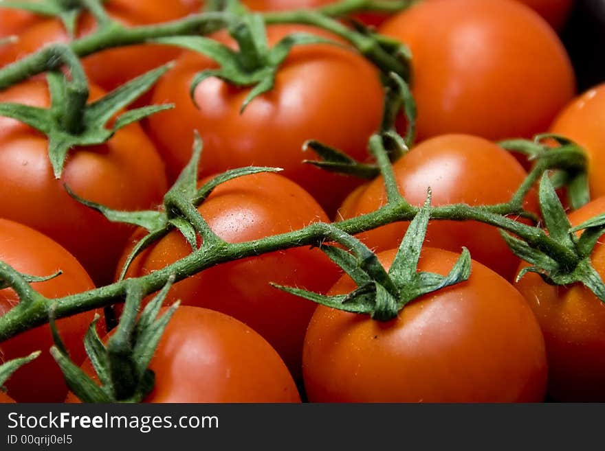 Closeup of red tomatoes with green stems. Closeup of red tomatoes with green stems