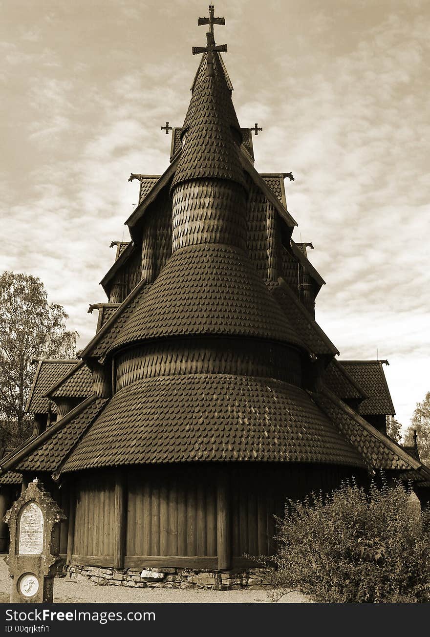 Traditional Norwegian wooden Stave Church (Imitation of an old photo). Traditional Norwegian wooden Stave Church (Imitation of an old photo)