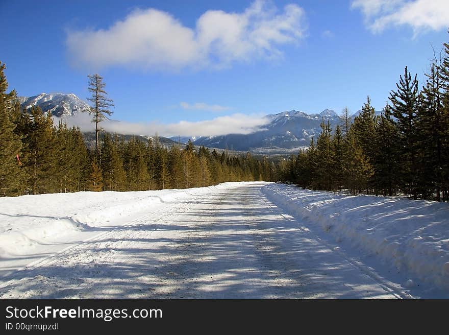 Winter road in Canadian Rockies