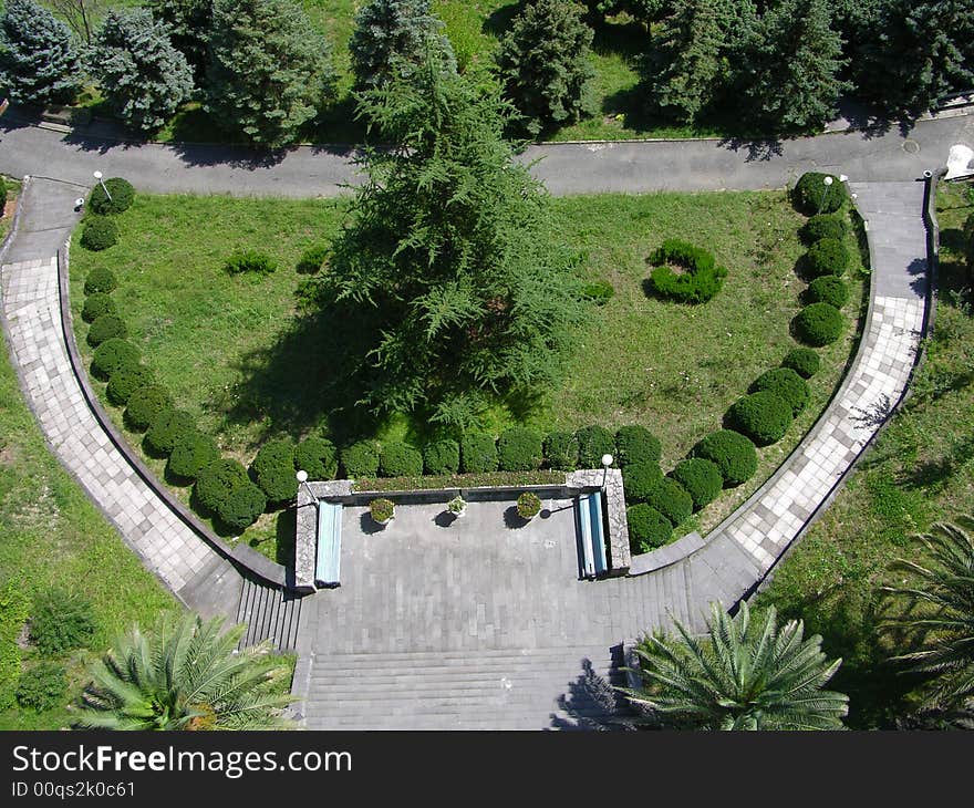 Caucasus, subtropics, lawn, spruce, hotel. Caucasus, subtropics, lawn, spruce, hotel