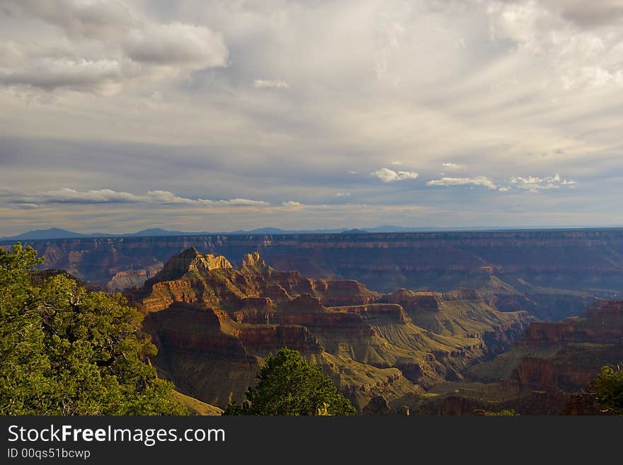 Sunset view of Bright Angel Canyon from the North Rim of the Grand Canyon. Sunset view of Bright Angel Canyon from the North Rim of the Grand Canyon