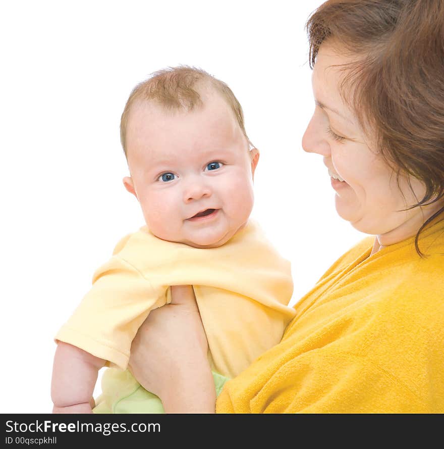 Smiling baby on hands of mother over white