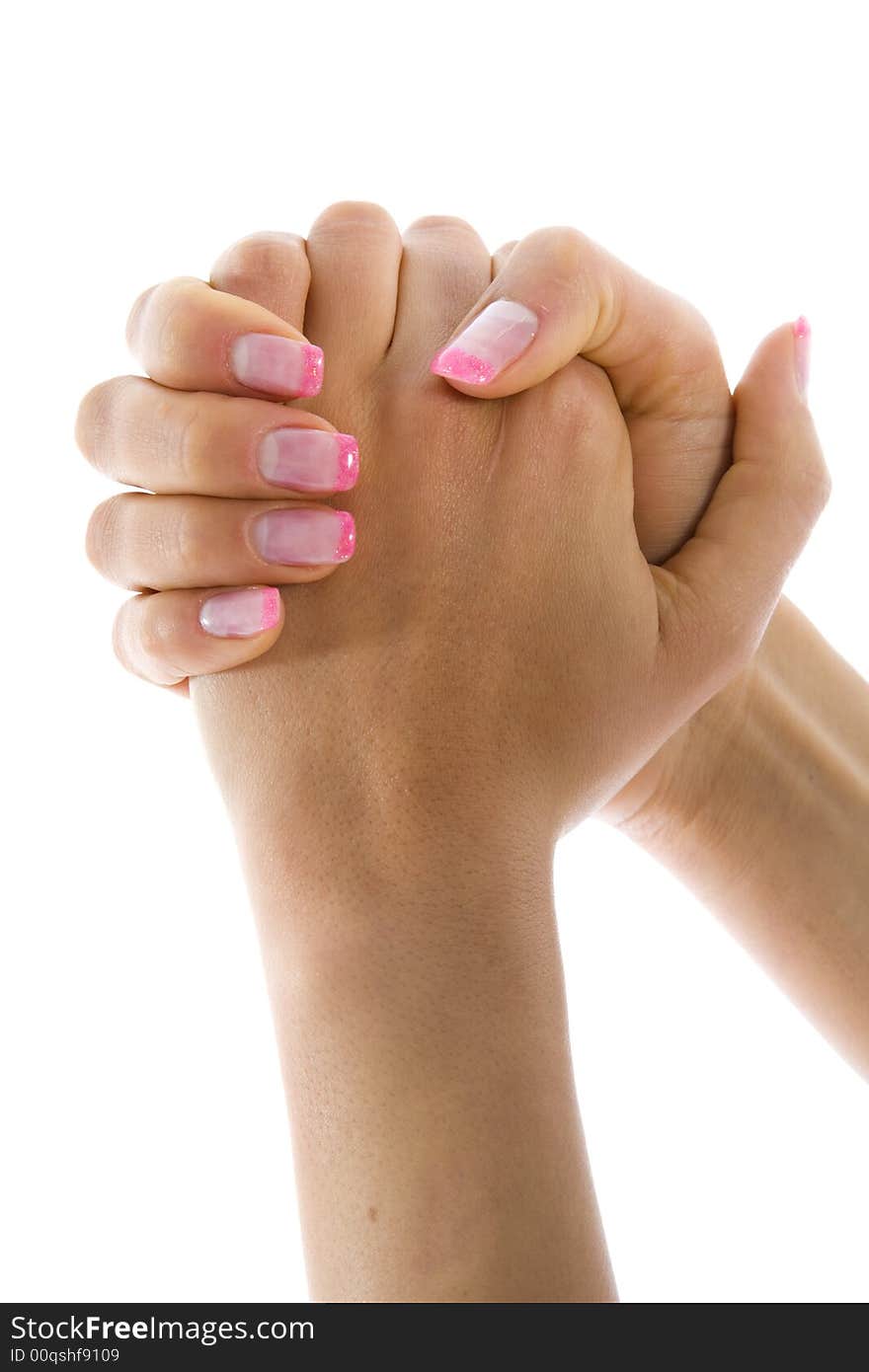 Woman hand on white background