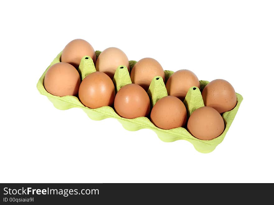 ten eggs in a box against white background