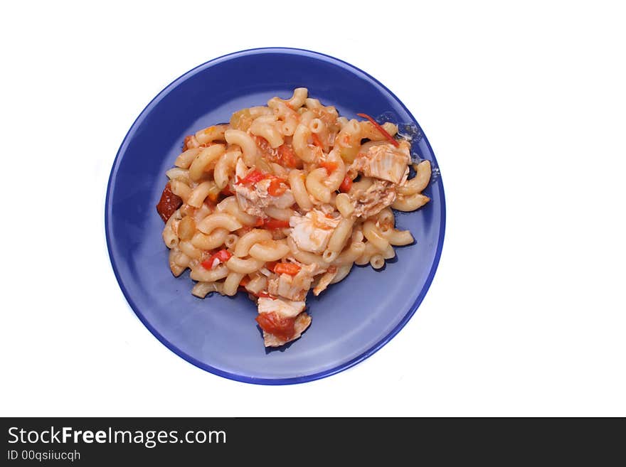 Meat and vegetable food on the blue plate