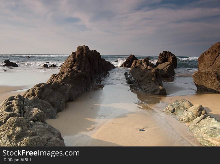 Rocks, sand and water