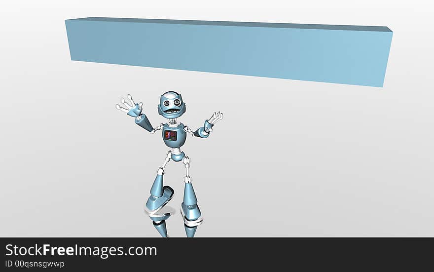 A silly robot presents banner. A silly robot presents banner