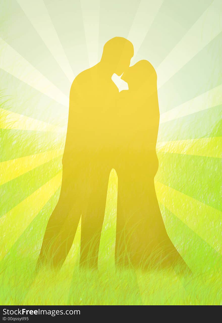 Romantic kissing couple on a green hill