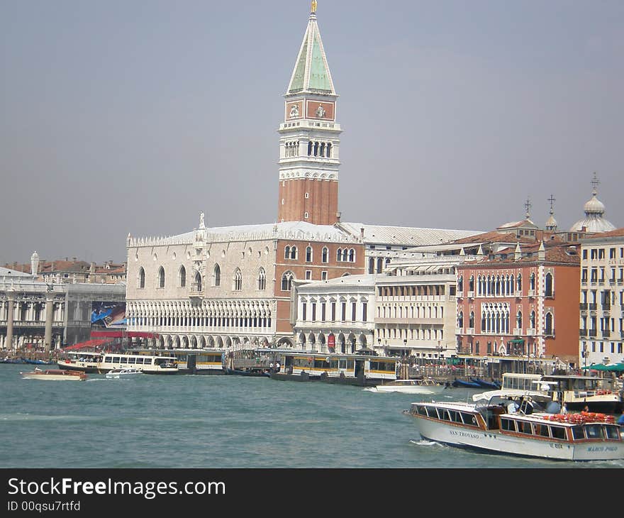 Venice from sea and a view of El Campanille de la Piazza de San Marco