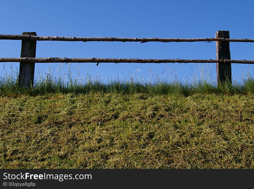 It is a fence in the summer day.