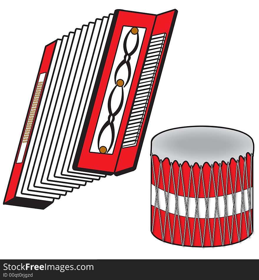 Musical instruments red accordion & drum