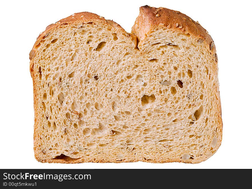 A closed up shot of a slice of country bread isolated on a white background