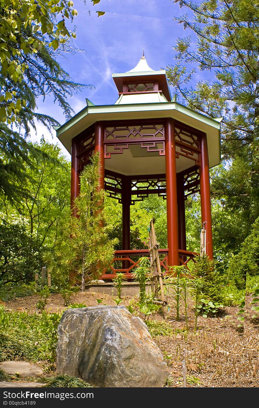 Asian gazebo captured on sunny day.