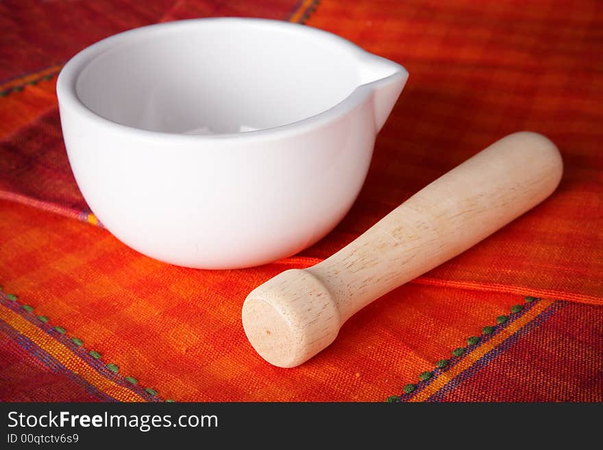 White mortar over a tablecloth