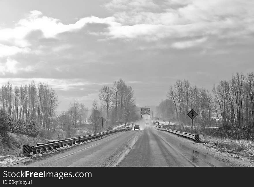 Hwy 9 south in snohomish wa in winter b&w. Hwy 9 south in snohomish wa in winter b&w