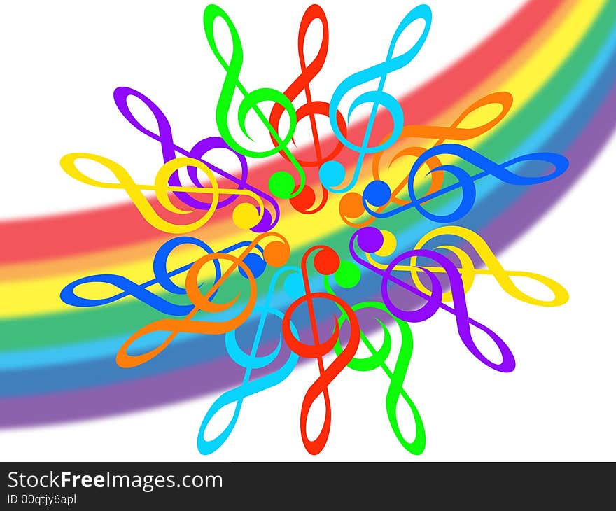 Treble clefs in colors of a rainbow and a rainbow on a white background. Treble clefs in colors of a rainbow and a rainbow on a white background