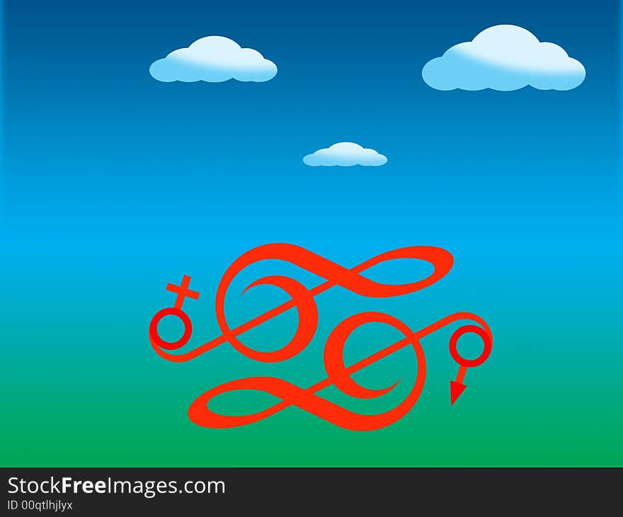 Red treble clefs and clouds on a background of the sky. Red treble clefs and clouds on a background of the sky