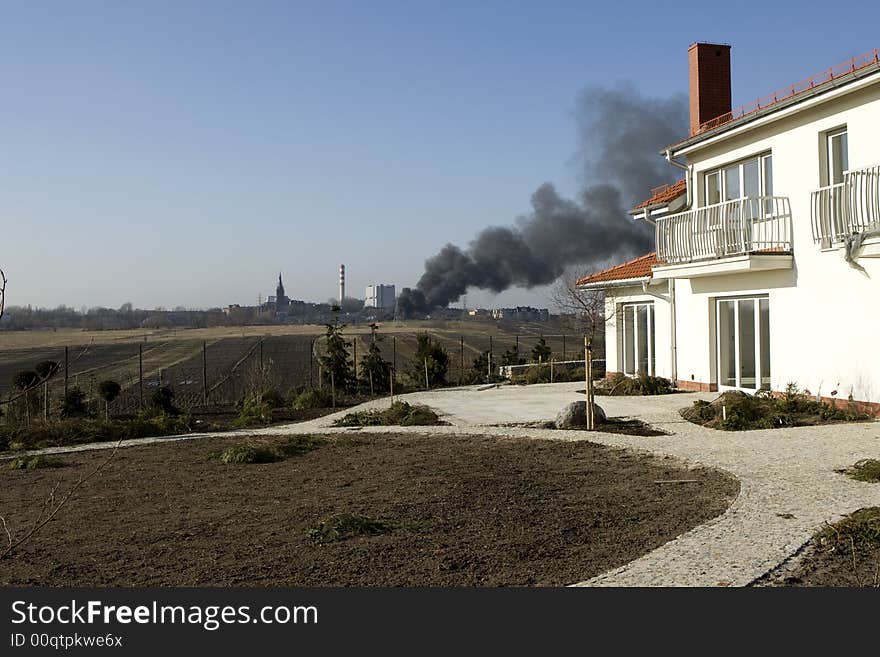 House fire and black smoke